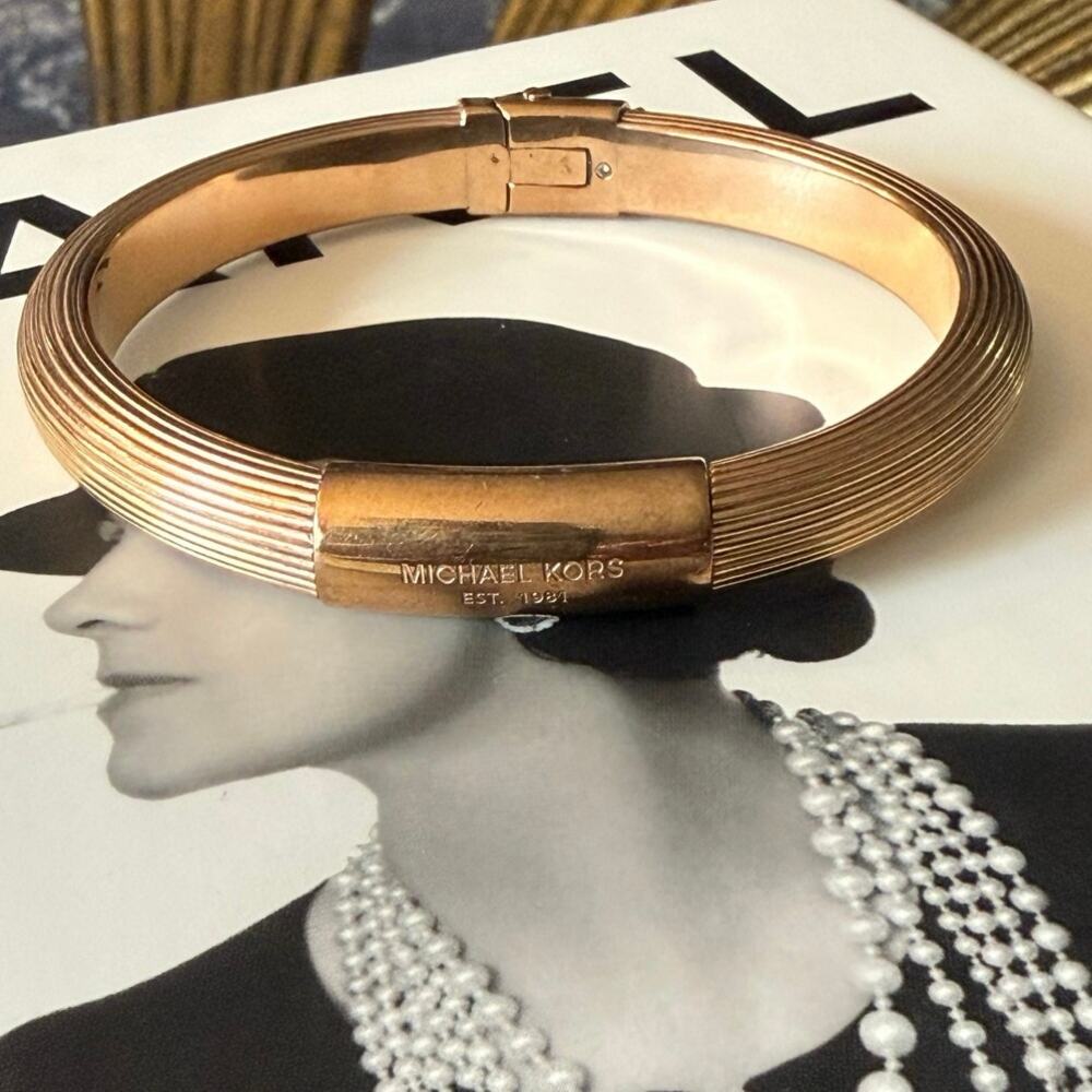 Michael Kors Bronze Solid Stainless Steel Ribbed Logo Plaque Bangle Bracelet